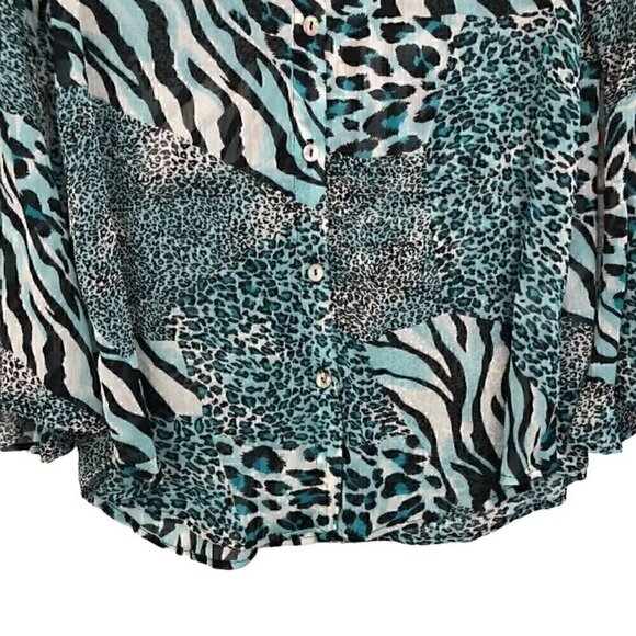 Slinky Brand ladies Blue leopard silky top button down Bell Sleeve Sheer SZ S - Picture 6 of 6